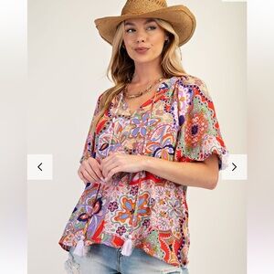 NWOT Anthropologie Easel Boho Colorful Paisley Print Tassel Front Top Size Small